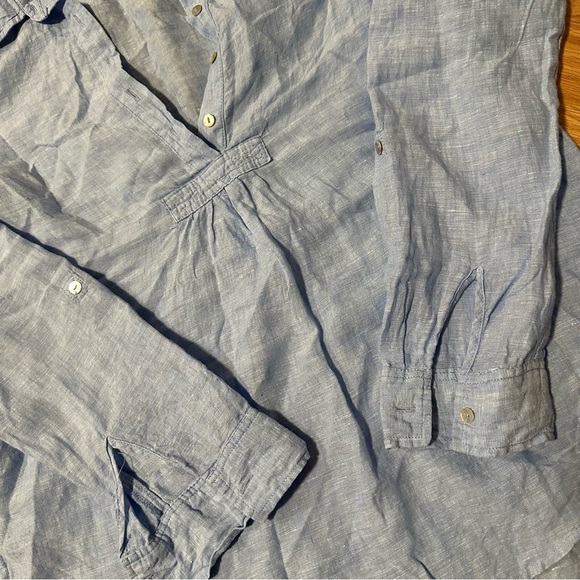 St. Tropez west 100% linen medium sky blue tunic blouse shirt with pearl buttons - Picture 2 of 9